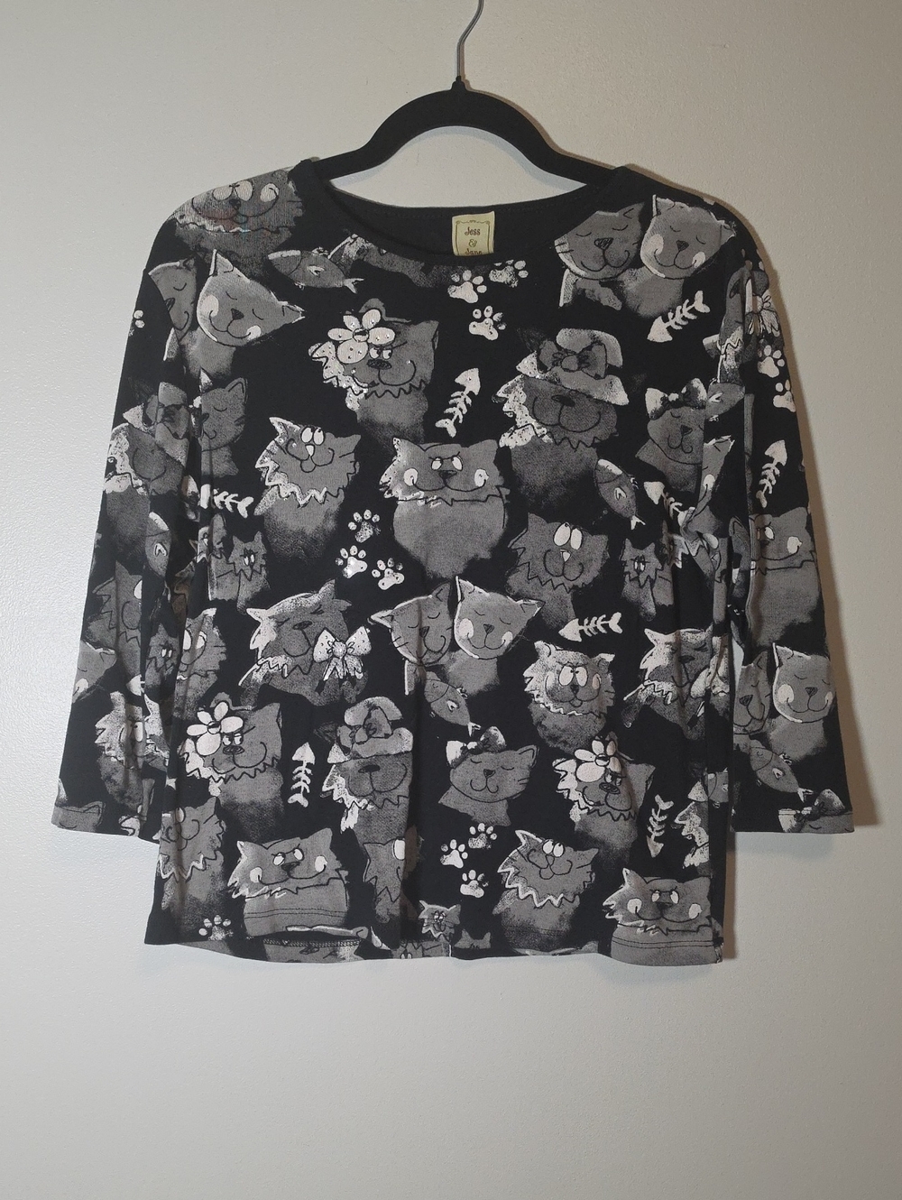 Jess & Jane Cat Medley Black Long-Sleeve Cat Print Tee W/ Rhinestones